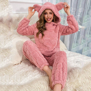 Carino da <span class=keywords><strong>donna</strong></span> rosa Jacquard <span class=keywords><strong>pigiama</strong></span> Set quadrato cuore <span class=keywords><strong>morbido</strong></span> Shu velluto Set orecchie con cappuccio elastico in vita da casa per l'inverno - Product Image 2