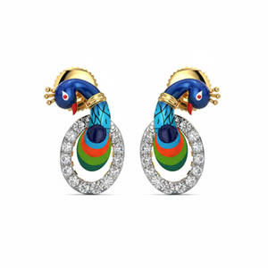 Pendientes de diamantes de pavo real de oro amarillo Diseño elegante de pavo real cantando - Product Image 1