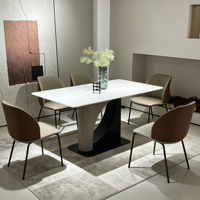 Table à manger moderne en pierre artificielle 2026 avec base en acier inoxydable, table à manger rectangulaire de luxe aspect marbre pour