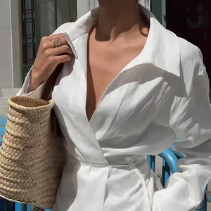 Summer Organic Linen Cotton Clothes Ladies Long Sleeve A-line Shirt Skirt Women's Lace-up Blouses