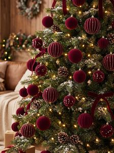 Adornos Navideños de Terciopelo Borgoña al por Mayor, Bolas Decorativas con Diseño de Estrellas Doradas y Rayas para Decoración de Árboles de Navidad - Product Image 3