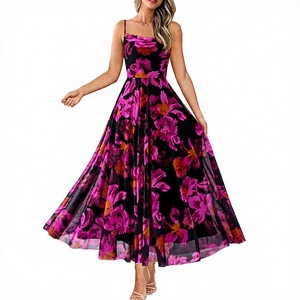 Robes longues d'été vintage pour femmes, imprimées florales, en tricot, taille naturelle, élégantes, à épaules dénudées, bretelles spaghetti, lavables, pour soirée - Product Image 1