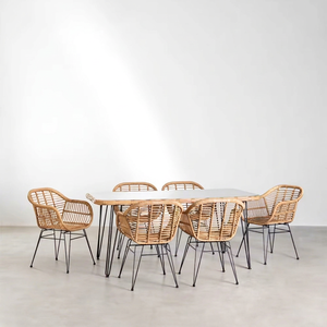 Contemporary Modern Dining <b>Set</b> Rectangular Metal Wood Dining Table 6 Rattan Chairs Kitchen Hall Hotel Villa Banquet <b>Restaurant</b> - Product Image 1