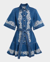 Robe chemise en jean bleu brodée pour femme, robe en jean à volants, tenue de tous les jours, robe en jean à boutons