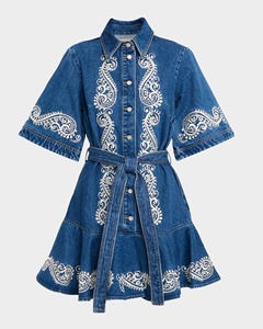 Robe chemise en jean bleu brodée pour femme, robe en jean à volants, tenue de tous les jours, robe en jean à boutons - Product Image 5