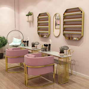 Contemporary <b>Pink</b> Nail Table With Marble Top And Gold Metal <b>Frame</b> For Manicure Salon Furniture - Product Image 5