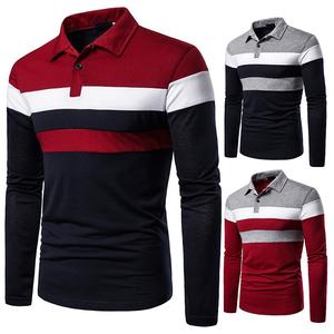 Polo de marque décontracté pour hommes à manches longues, vente à chaud, polo de mode à épissage tricolore en tissu tricoté rayé - Product Image 1