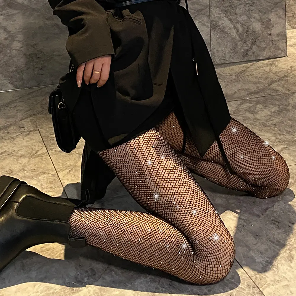 Women Sparkling Sexy Mesh High Waist Lace Diamond Fishnet Stockings Tights Thigh Black Pantyhose For Nightclub
