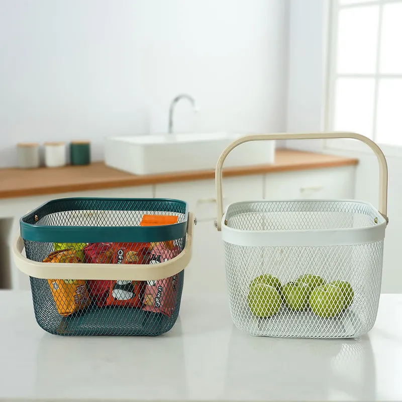 kitchen bath toy organizermetal metal wire mesh fruit storage basket with wooden handle