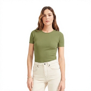 Women's Slim Fit Crew Neck Short Sleeve Ribbed Knit T-Shirt Organic Cotton Spandex Quick Dry Breathable Minimalist Casual Summer - Product Image 1