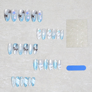 30 faux ongles à presser, bleu chrome, style français, couvrance totale, forme amande moyenne, motif floral, longue durée, réutilisables - Product Image 3