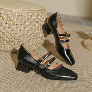 Chaussures Mary Jane françaises pour femmes, bout carré, talon bas, bride unique, style rétro, talons hauts, chaussures à bout plat - Product Image 3
