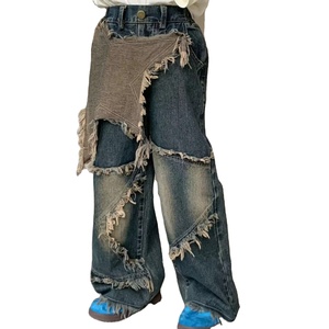 Children's Pants 2024 Spring Girls Retro Wide-leg Jeans Big Girl Treasure Made Old Denim Color Star Raw Pants