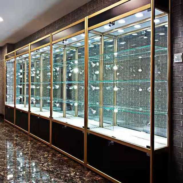 Luxury Modern Lockable Tempered Glass Display Cabinet Aluminum Alloy Frame LED Light Customizable Size Logo Multi-Color Showcase