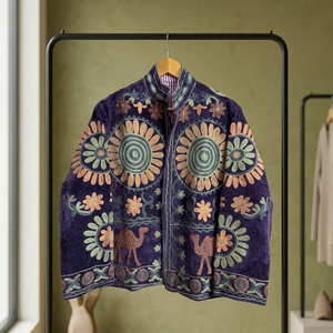 Chaqueta de terciopelo morado bordada con cuello mandarín, manga larga, bordado a mano con motivos florales, ropa exterior de otoño para mujer, estilo Suzani - Product Image 4
