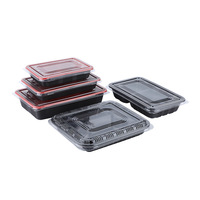Boîtes à lunch rectangulaires jetables multi-compartiments rouges et noires avec couvercles, contenants à sushi à emporter, livraison de nourriture