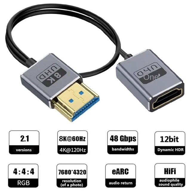8K Right Angle HDMI 2.1 Male to Female Extension Cable 1FT Ultra Thin Coaxial 90 Degree for M F Cable 48Gbps 8K 60Hz 4K 240Hz