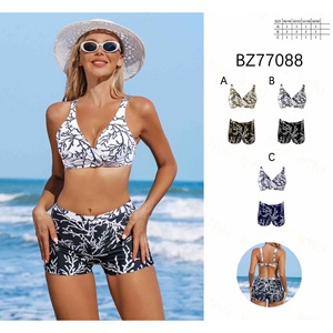 Set bikini HDJ con pantaloncini a vita alta, top push-up, costume da bagno taglie forti per la spiaggia, motivo a piante, set da 2 pezzi - Product Image 3