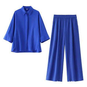 Women's Loose Long Sleeve Shirt Wide Leg <b>Pants</b> Casual 2 Piece Set Fashion - Product Image 4