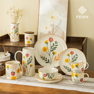 Fait à la Main FENN <span class=keywords><strong>Assiette</strong></span> Fleurs Peintes et Bol en <span class=keywords><strong>Porcelaine</strong></span> Vaisselle Tasse Céramique Style Pastoral Écologique Service de Table en Céramique - Product Image 2