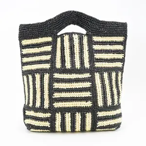 Fend风格米色和黑色黄麻手提包单柄定制标志棉织物衬里男女通用日常旅行水桶包