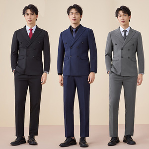 Groom Suit Men Double Breasted Gray Formal Wedding Wear Vest Set Polyester Worsteds - Product Image 2