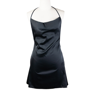 Camisón de satén negro con encaje para mujer, elegante acabado satinado, diseño sin espalda con panel de encaje transparente, vestido de verano transpirable para dormir - Product Image 3