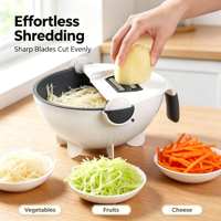 Multifunctionele handmatige groente- en fruitsnijder 7-in-1 Magic Kitchen rasp met afdruipmand en roestvrijstalen messen
