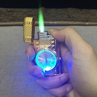 Briquet Classique Lampe Colorée Rechargeable Coupe-Vent Flamme Bleue Directe en Alliage de Zinc pour Cigares Homme Femme