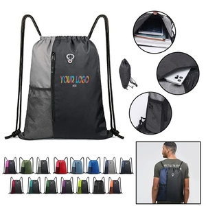 <b>Large</b> Size Drawstring <b>Backpack</b> with Two Zipper Pockets Water Bottle Mesh Pockets Sports Gym Bag for <b>Women</b> Men Lining Polyester - Product Image 1