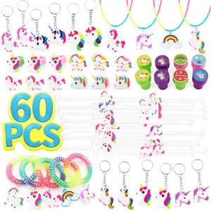 60 Pcs Unicorn Party Favors for Kids Keychain Necklace Slap Bracelet Rings Stamps Gifts for Unicorn Birthday Party Supplies