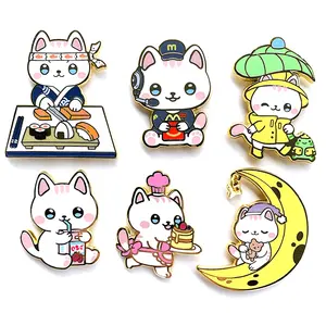 Shuanghua marca OEM spilla Maker distintivo in metallo placcato oro personalizzato cartone animato smalto duro serigrafato Anime Cat Pins Hat Pin