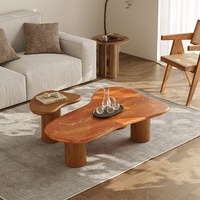 Table basse de salon personnalisée de haute qualité, durable, écologique, au design moderne, en travertin rouge et en bois de caoutchouc, meubles pour la maison