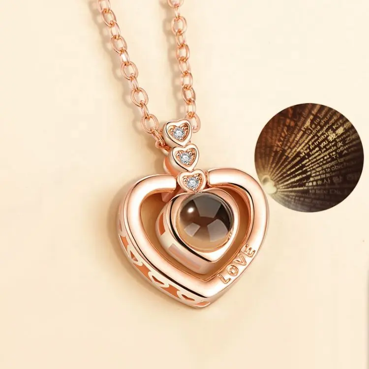 Valentinstag Ich liebe dich in Sprachen Rose Gold Plated Heart Memory Projection Anhänger Halskette für Frauen