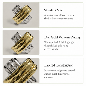 แหวนครอสโอเวอร์สองสี สแตนเลสสตีล ชุบทอง 14K แบบสุญญากาศ ดีไซน์ลายริบบ์ เครื่องประดับโดดเด่น - Product Image 4