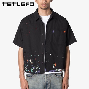 Chemises de travail en coton léger éclaboussé de <span class=keywords><strong>peintre</strong></span> à manches courtes personnalisées chemise boutonnée décontractée Boxy Fit 250 Gsm - Product Image 1