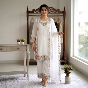 Robe traditionnelle indienne pakistanaise en coton pour femmes, longueur cheville, coupe ample, tenue décontractée, design brodé blanc - Product Image 1