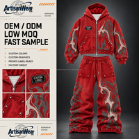 Ensemble personnalisé pour homme : sweat à capuche rouge entièrement zippé et pantalon ample avec motif flamme abstrait et détails rivets OEM ODM