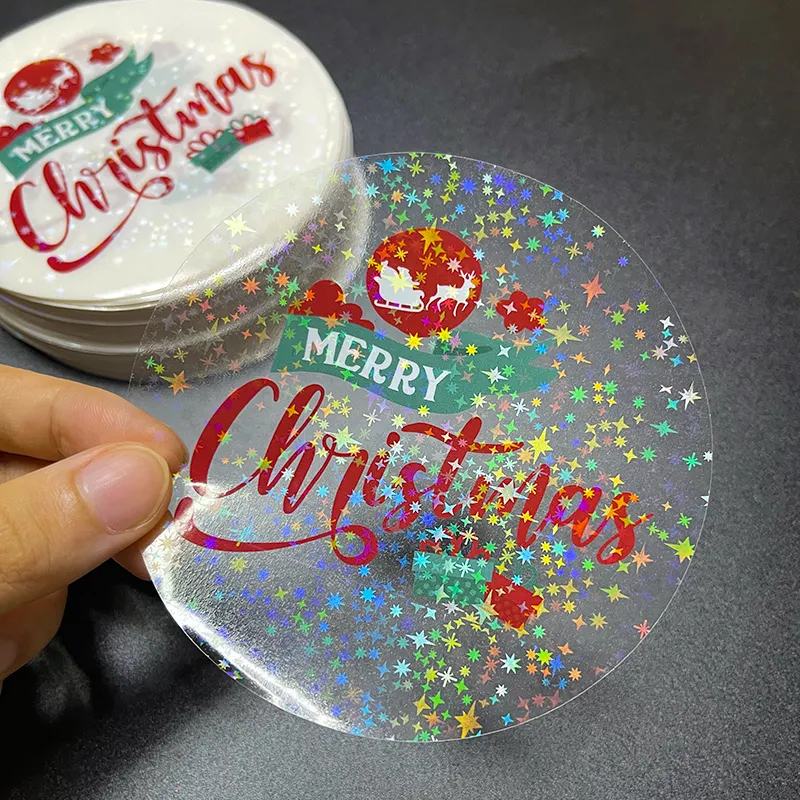 Merry Christmas Logo Decorative Stickers Custom Printing Die Cut Vinyl Transparent Hologram Sticker