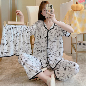 Conjunto de tres piezas de poliéster transpirable para <span class=keywords><strong>mujer</strong></span>, estilo Ins, <span class=keywords><strong>pijama</strong></span> holgado con estampado de cerezas y lazos, cuello con solapa. - Product Image 5