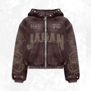 Últimos Hoodies de Streetwear Pesados para Homens, Hoodies de Alta Qualidade com Impressão Digital, Hoodie com Zíper e Efeito Desbotado com Strass - Product Image 3