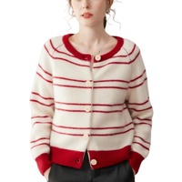 Cardigan rayé 100 % coton personnalisé pour femme, col rond, bordure contrastante, boutons sur le devant, poches plaquées, style preppy, collection automne