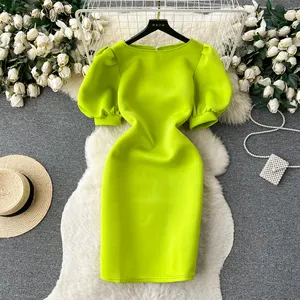 Plus Size High Quality Summer American Style Tunic Slim Midi Dress For Women O-Neck Puff Sleeve Empire Lace Vestidos L