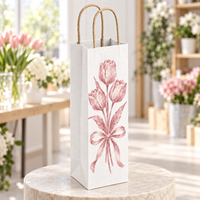 Sac cadeau en papier kraft pour bouteille de vin avec poignées torsadées, imprimé bouquet de tulipes sur le devant - Blanc
