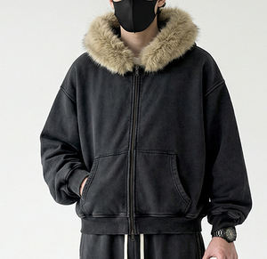 <span class=keywords><strong>Sweat</strong></span> à <span class=keywords><strong>capuche</strong></span> zippé ample et décontracté en coton et polyester, style streetwear, effet délavé à l'acide, logo personnalisé vintage, style boxy, délavé au soleil - Product Image 4