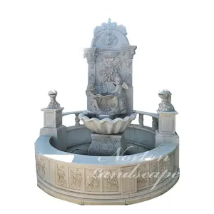 Decoración de jardín al aire libre, querubín de granito de mármol blanco de lujo y estatuas de cabeza de león, fuente de agua de pared, precios