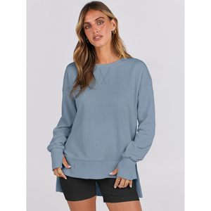 Sweat-shirt surdimensionné à col rond pour femme FOXA, manches longues, léger, avec fentes latérales, pull décontracté en mélange de coton respirant - Product Image 4