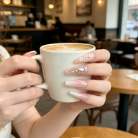 Vente en gros de faux ongles personnalisés roses à strass français, forme cercueil longue, à presser, en PMMA, pour usage en salon