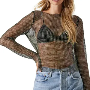 OEM seksi elmas örgü kırpılmış Tank Top kadınlar yaz Cover Up Bikini See Through Rhinestone Net parti kulübü kırpma üst