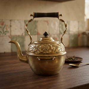 Bouilloire à thé vintage en laiton avec couvercle et poignée, design floral décoratif, pot à eau - Product Image 2